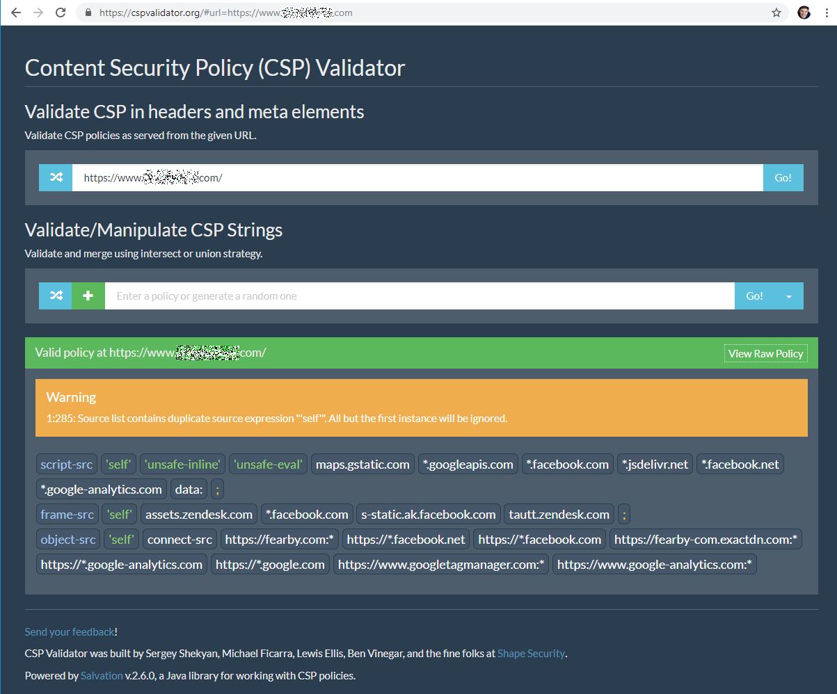 https://cspvalidator.org/ screenshot of the banks csp