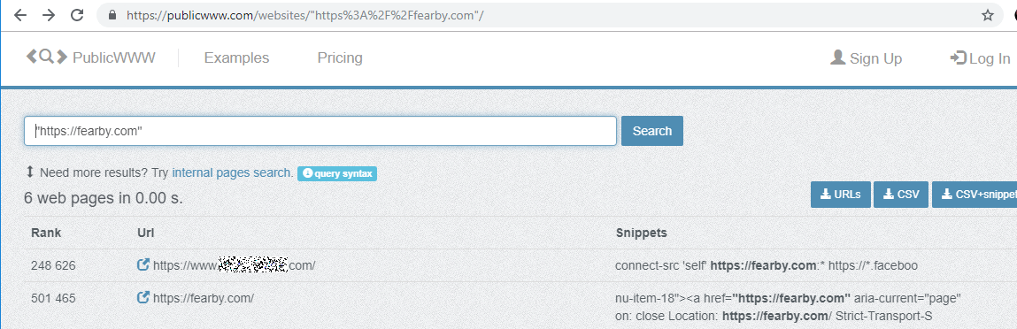 Screenshot of publicwww.com scan of "fearby.com