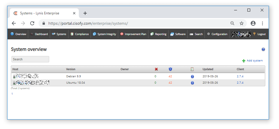 Systems tab shows all systems, OS version, warnings, information counts, date client last uploaded a report update and client version