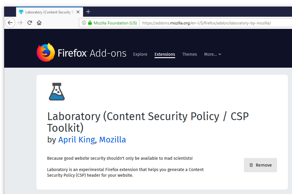 Screenshot of https://addons.mozilla.org/en-US/firefox/addon/laboratory-by-mozilla/