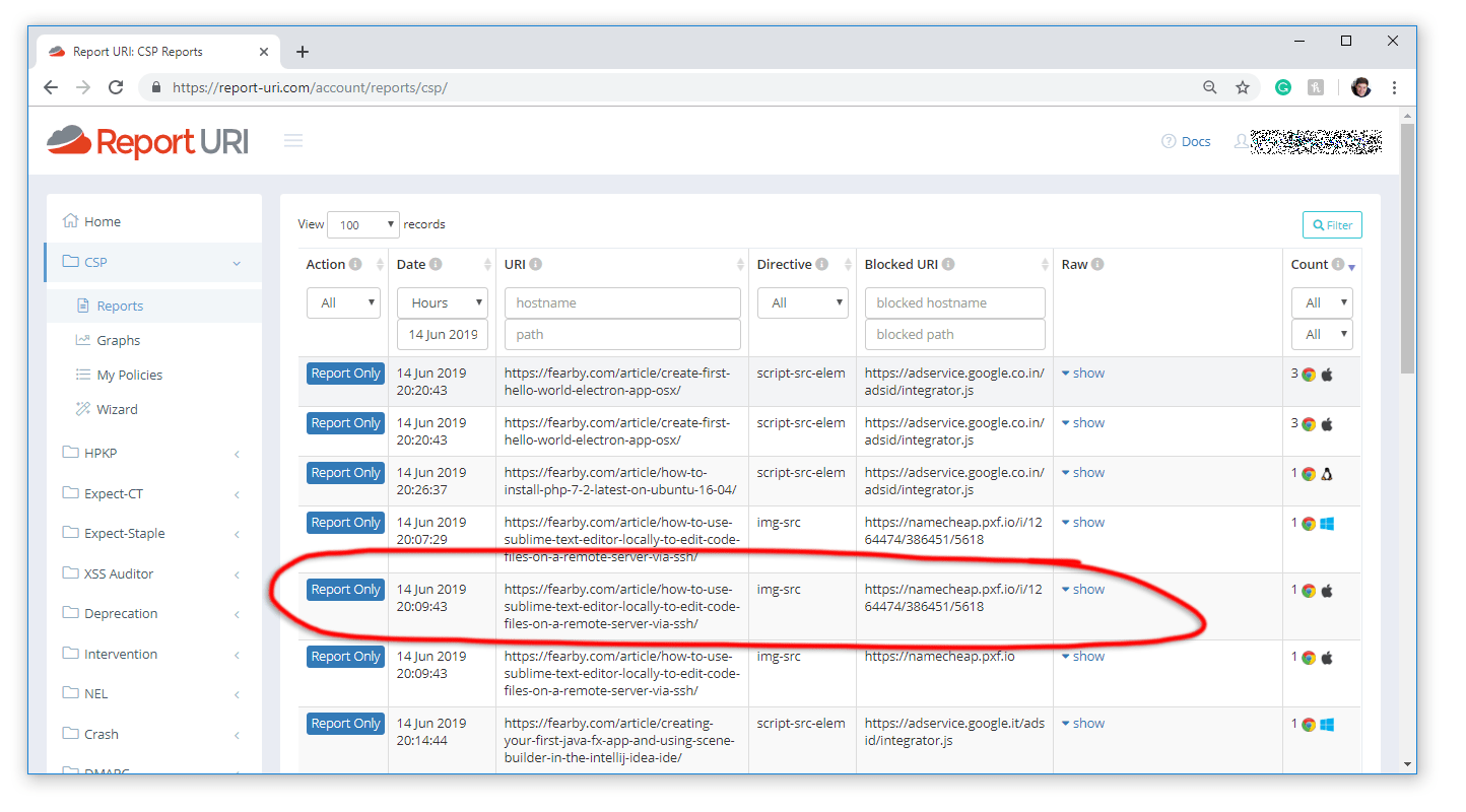 Screenshot of reports at https://report-uri.com/account/reports/csp/