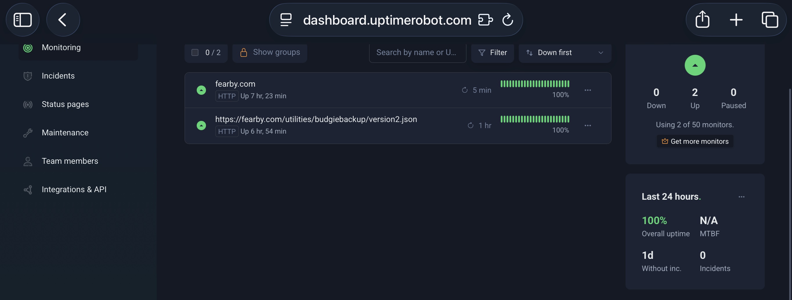 UpTime Robot - I setup two monitors