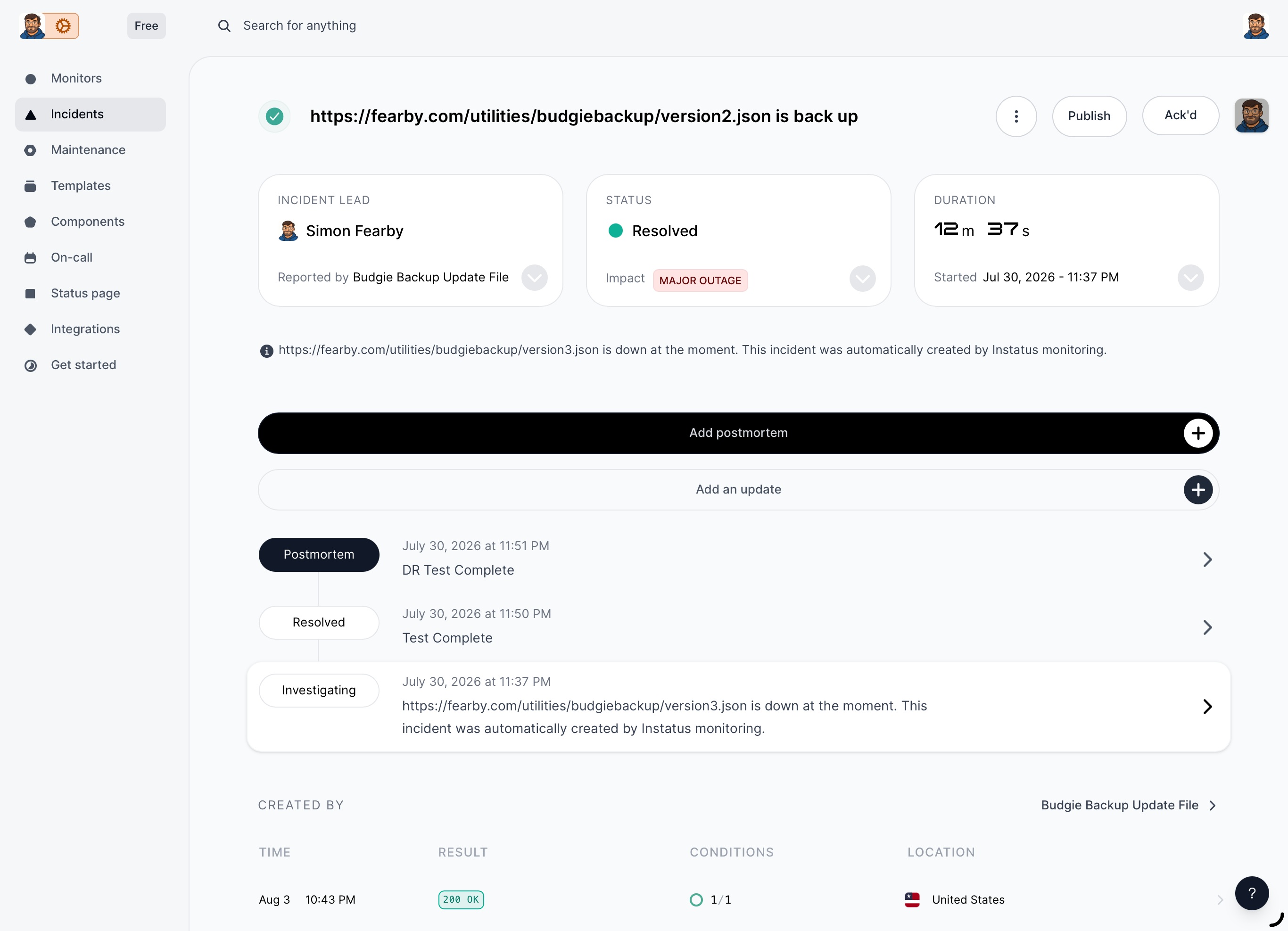 InStatus - Incident Screen