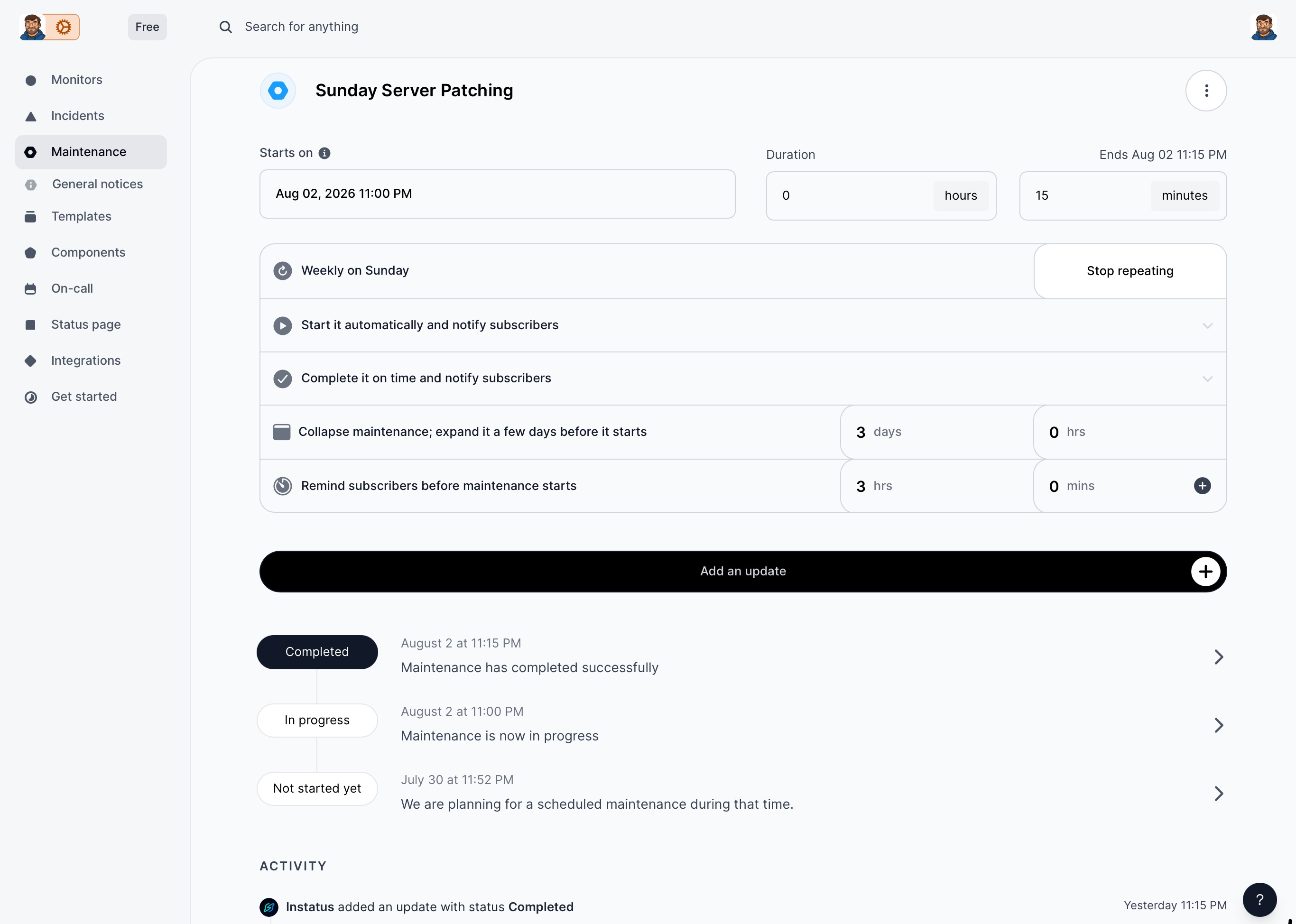 InStatus - reoccurring scheduled maintenance event
