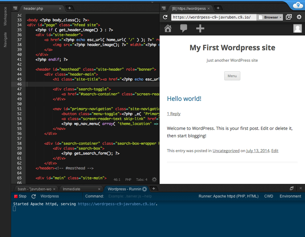C9.IDE showing code on the left and web page on the right