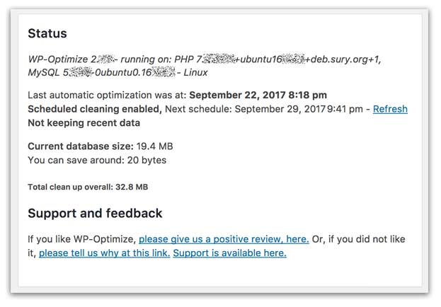WP-Optimize database savings