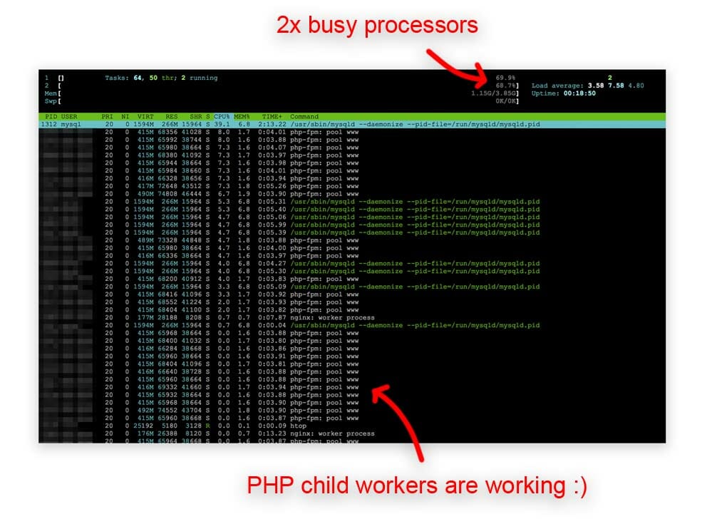 HTOP showing 2x busy CPU's running at 60%