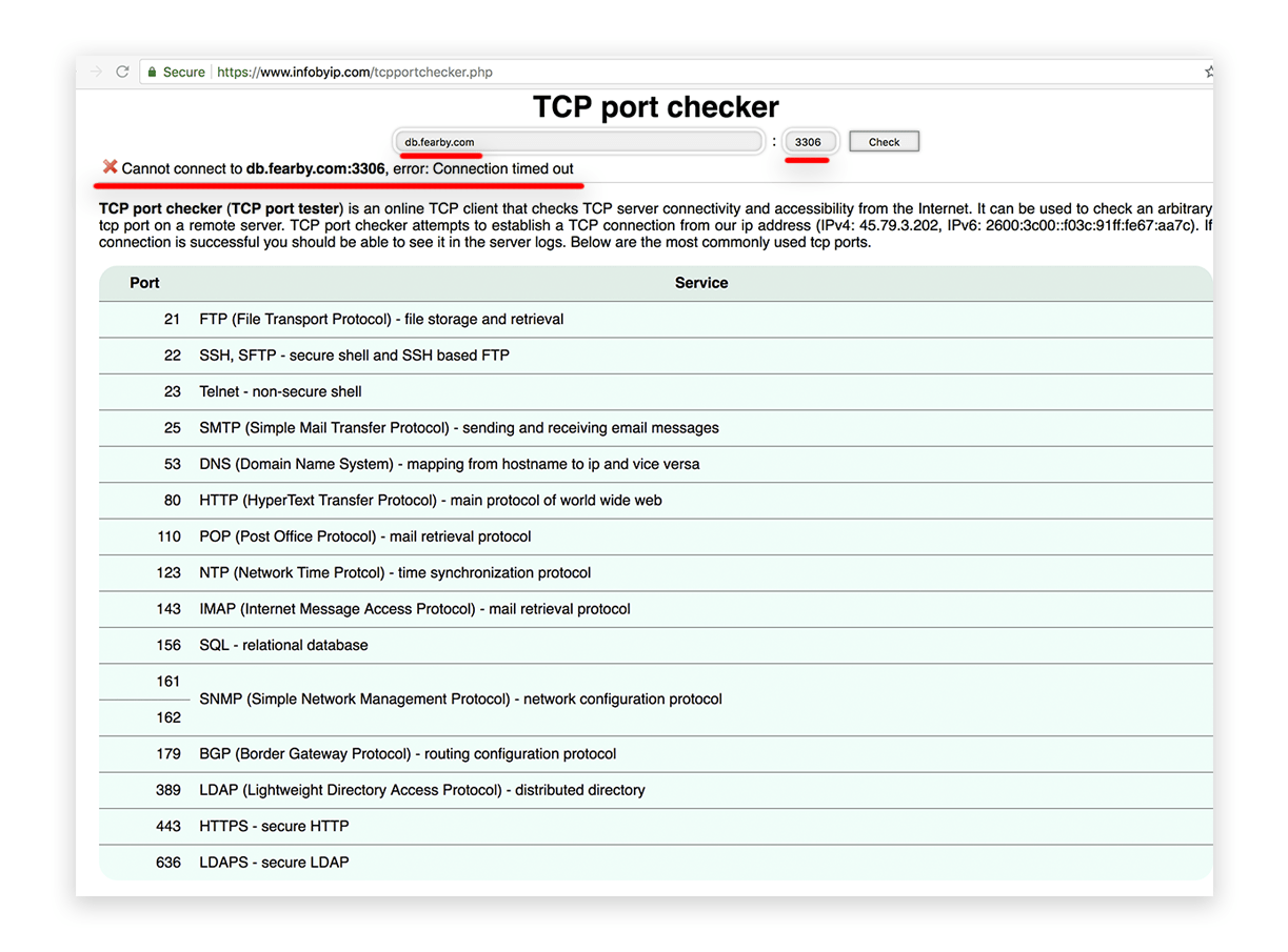 Screeshot of https://www.infobyip.com/tcpportchecker.php