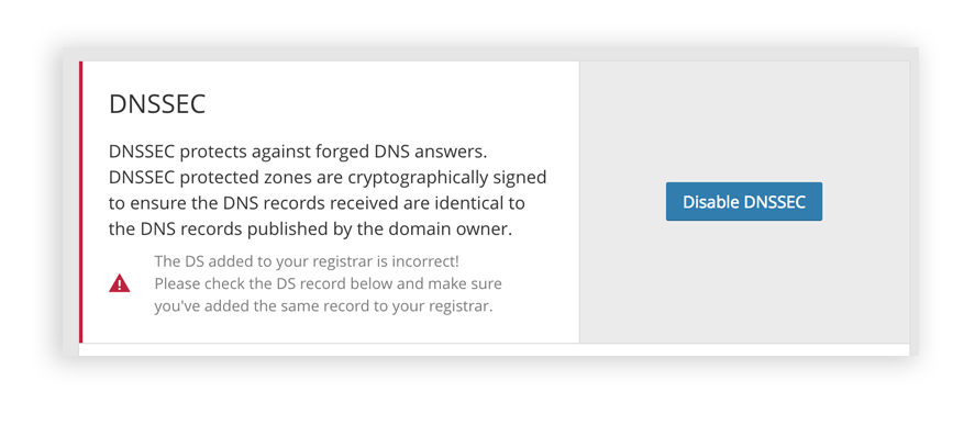 Screenshot of Cloudflare saying DNSSEC is not configured