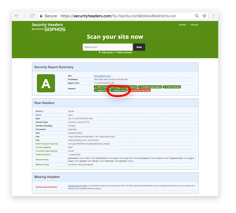 Referrer Policy resu;ts from https://securityheaders.com/?q=fearby.com&followRedirects=on