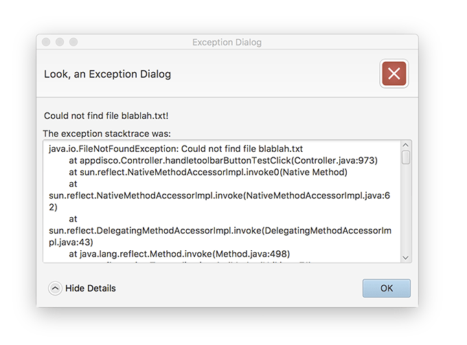 Exception dialog with a label textbox, textfield and button.