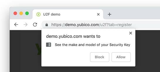 Picture of Google Chrome browser asking for permissions to read the inserted YubiKey