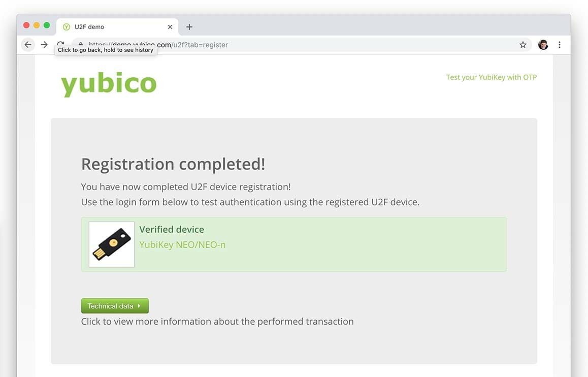Picture showing YubiKey registration success in a browser