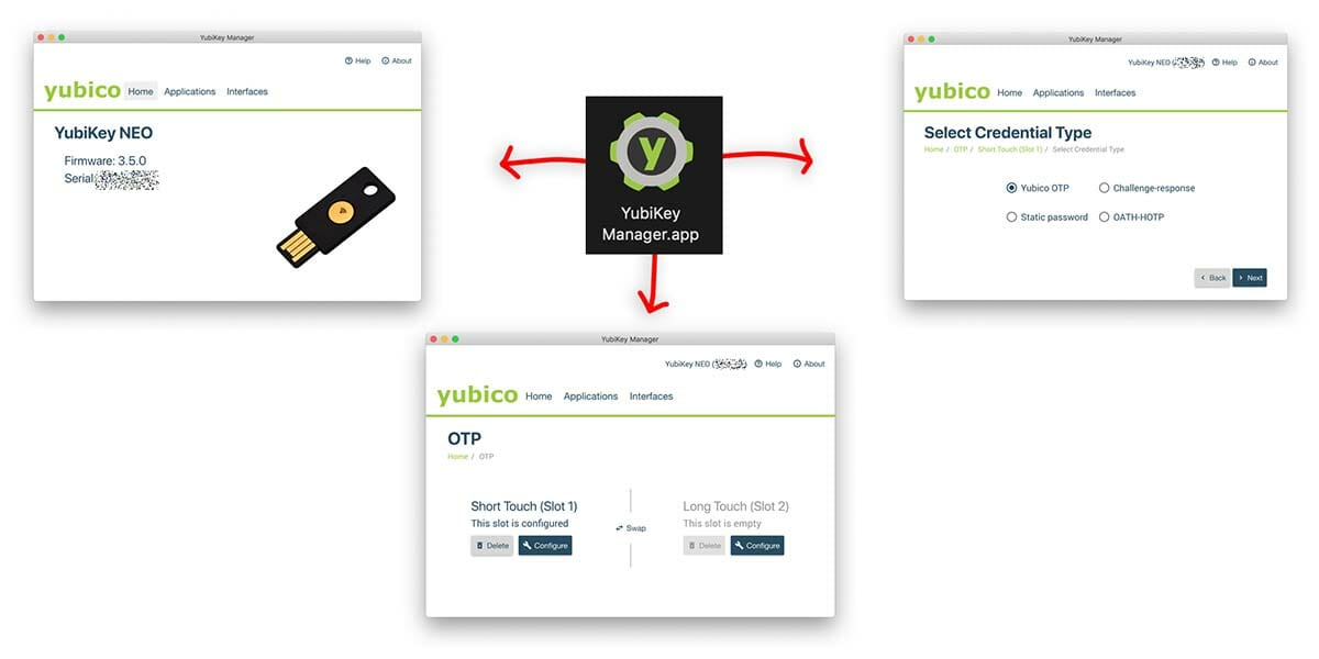 Screenshot of the Yubikey Manager Software showing firmware update and OTP configuration settings