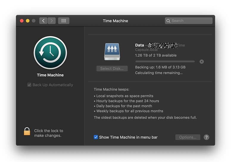 Screenshot of backing up my Mac with Time Machine