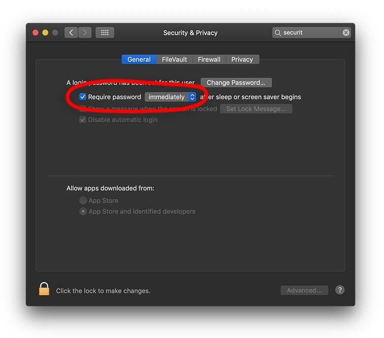 Enable screensaver password in macOS