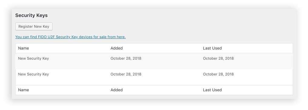 Screenshot showing two YubiKeys added to WordPress.
