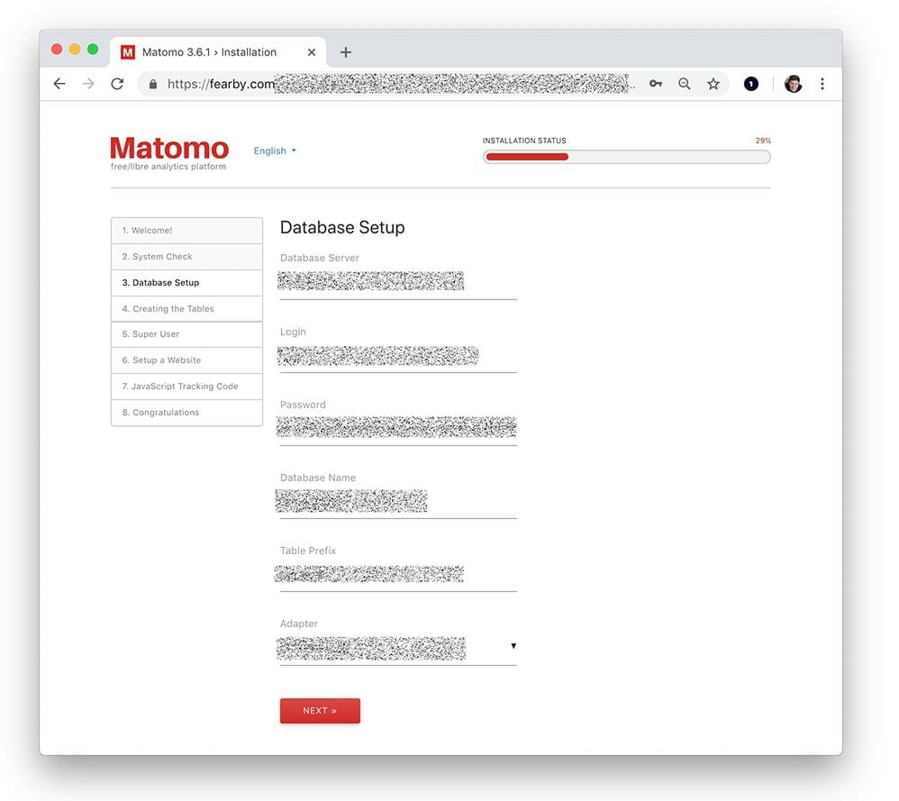 Enter Matomo Database settings