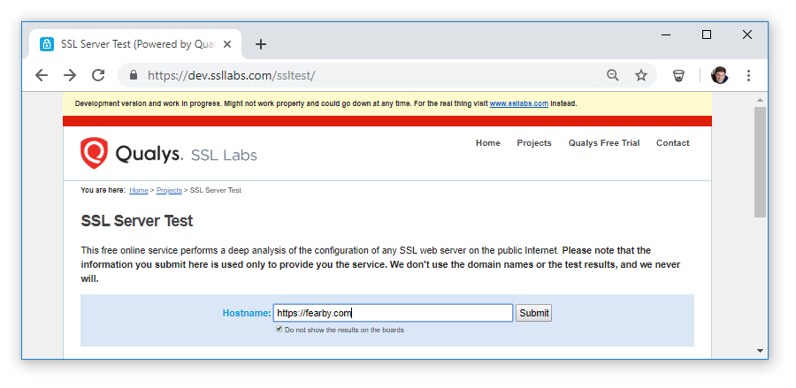 https://dev.ssllabs.com screenshot showing a domain input box