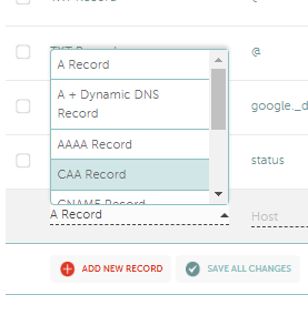 Screenshot of add NDS CAA record at Namecheap