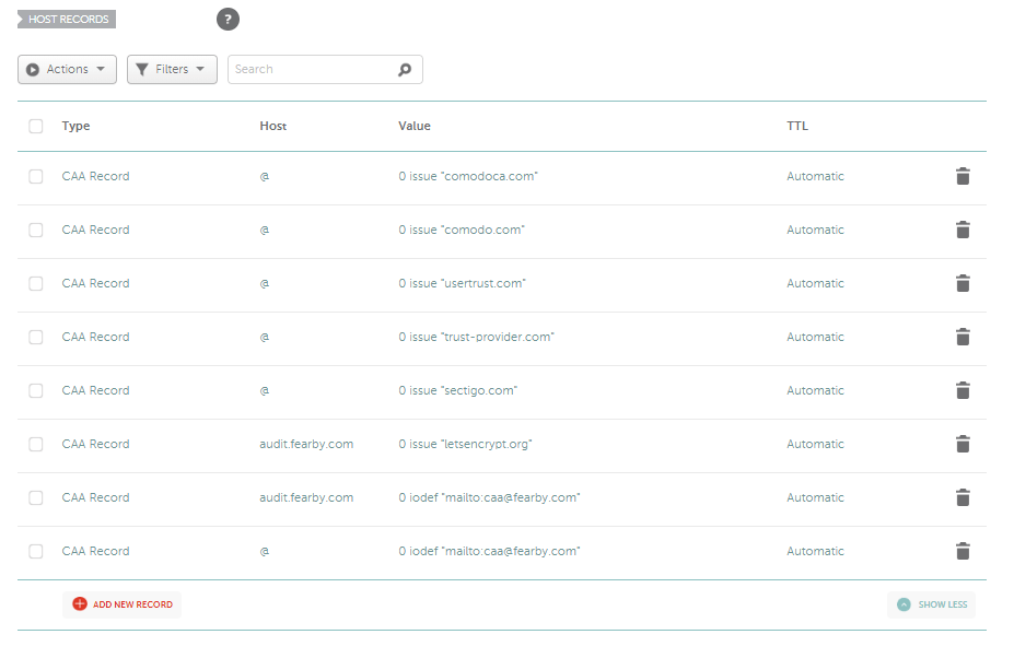 Screenshot os Namecheap DNS entries (table below)