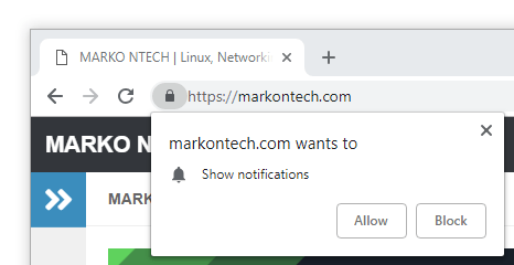 Screenshot showing Chrome asking for permissions to receive push notifications
