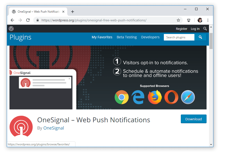 Screenshot of https://onesignal.com Push plugin page at WordPress