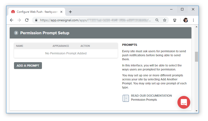 Screenmshot of me setting up a prompt at https://onesignal.com