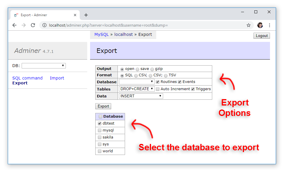 Export screen showing a list of databases and export options