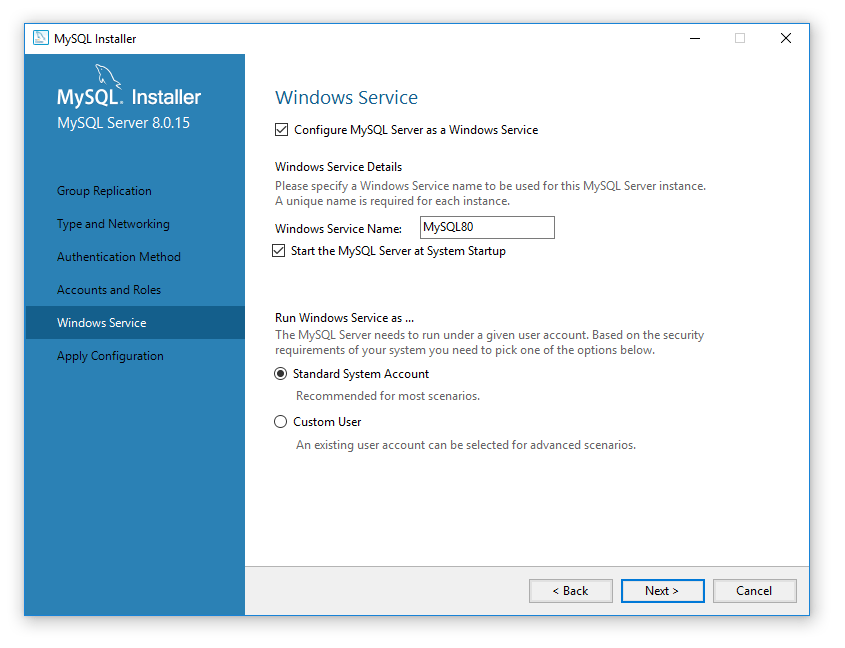I named the MySQL Instance and set it to auto start when windows starts as a standard account.