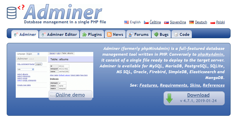 https://adminer.net website  screenshot.
