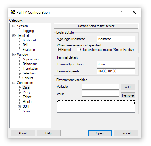 Screenshot showing the SSH usename being added to putty under Connection then Data menu,