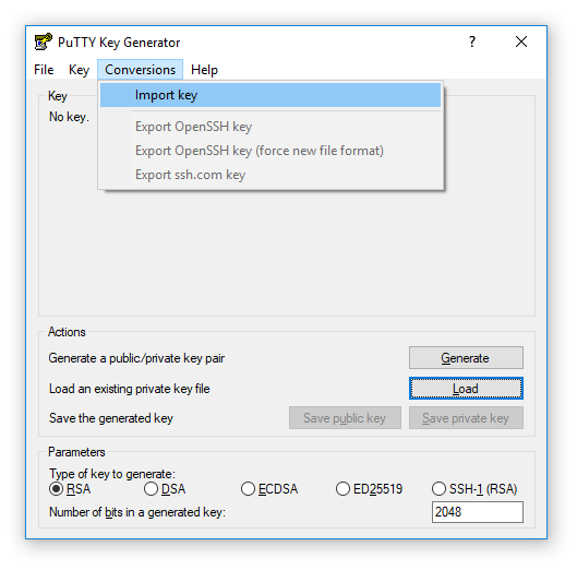 Screenshot showing import RSA key to convert