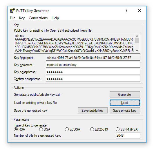 Screenshot of imported RSA key