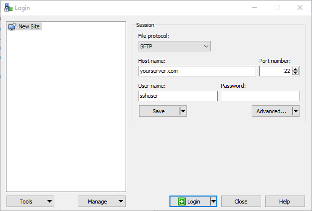 Screenshot showing a new connection to yourserver.com and port 22