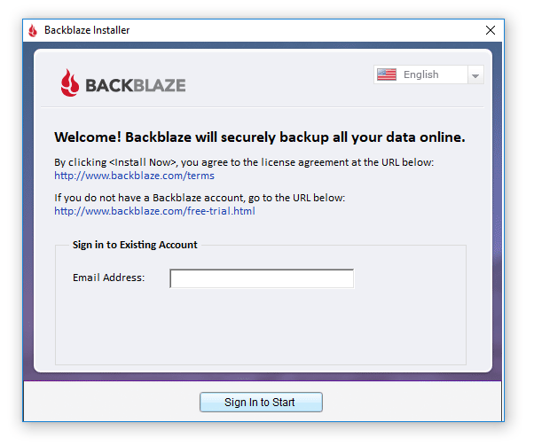 Backblaze install screen asking me to login