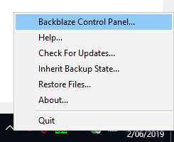 Backblaze system tray icon menu
