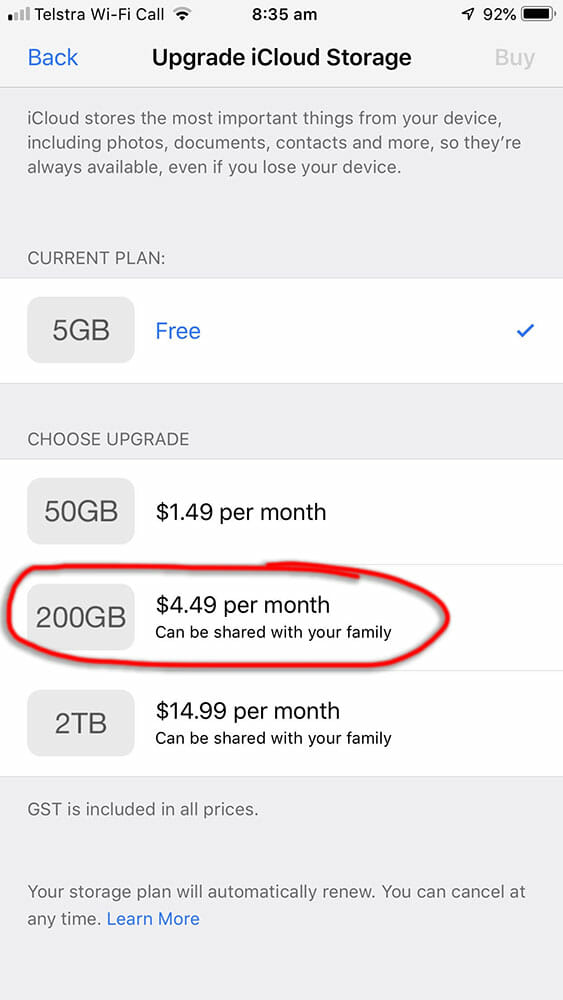 iPhone picture of 50GB = $1.49 a month
200GB = $4.49 a month
2TB (2,0000GB) = $14.99 a month 