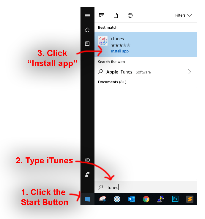 Screenshot of a Windows start menu and Get iTunes icon