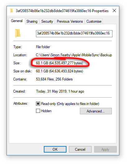 Screenshot of Windows reporting the backup was 60GB in size.