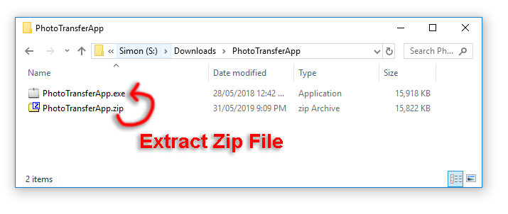 I extracted PhotoTransferapp.exe from PhotoTransferapp.zip 