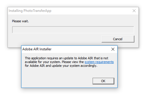 Screenshot of me installing Adobe Air run times from https://get.adobe.com/air/
