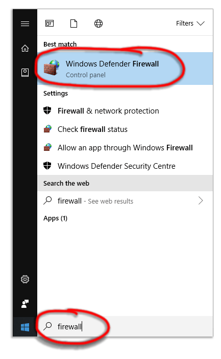 Screenshot Windows Defender firewall icon