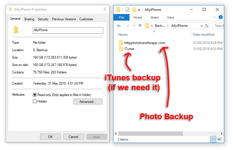 Screenshot showing the 2 backups (a) iTunes made and b) Photo Transfer App made)