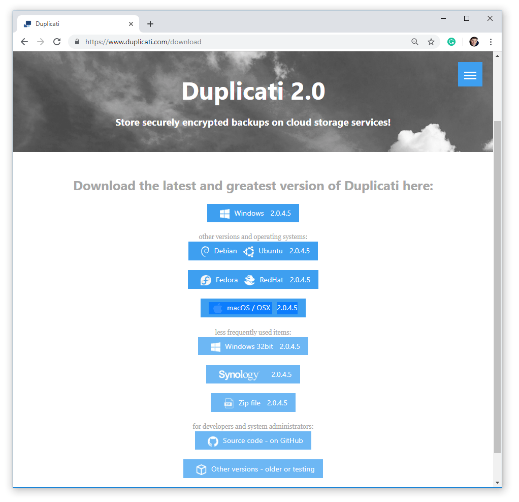 Screenshot: Duplicati Downalods page https://www.duplicati.com/download