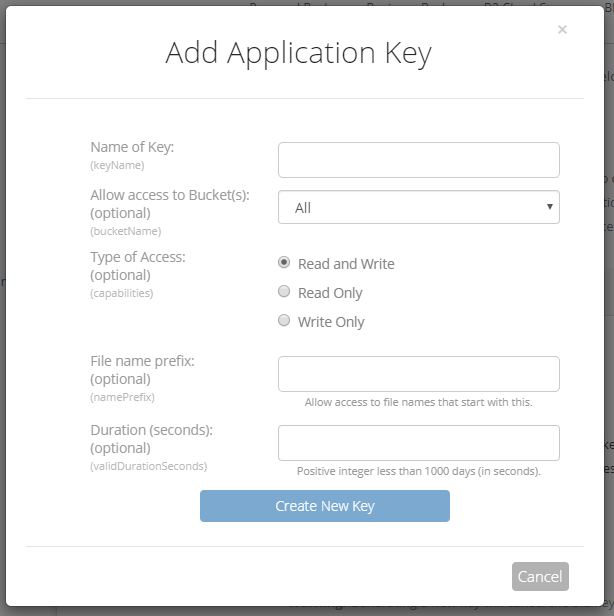Screenshot of add application key (add name, option to choose a bucket and assign read/write acess