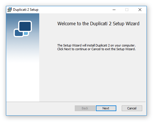 Duplicati install wizard start, click Next