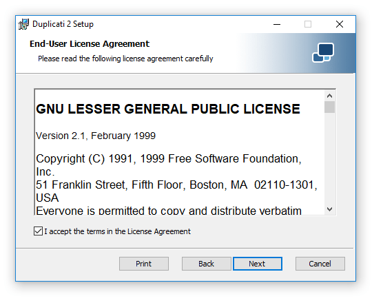 Duplicati licence agreement screenshot
