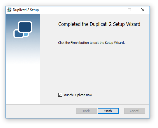 Duplicati has finished installing screenshot.