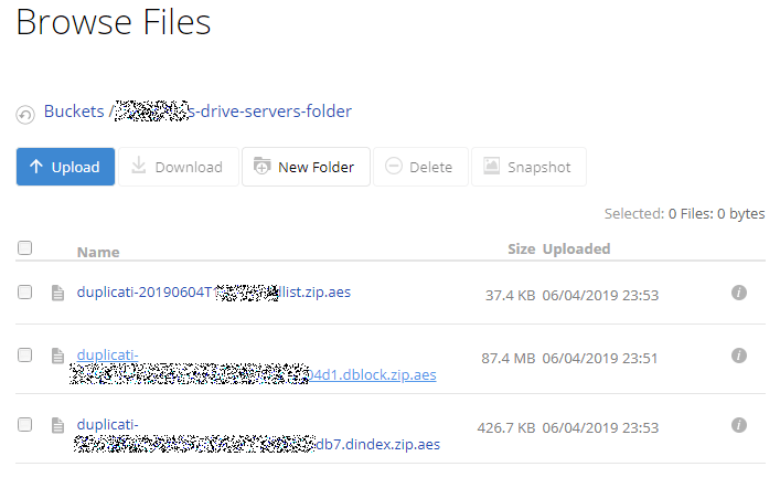 Screenshot of B2 cloud encrypted Duplicati files.
